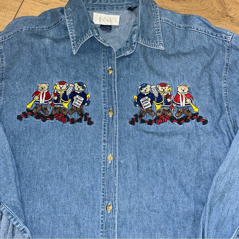 Vintage Denim Embroidered Shirt Teddys Whimsical Christmas Grandma Women XL - Picture 3 of 6